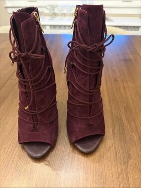 Suede Lace-Up Peep-Toe Ankle Boots - Burgundy